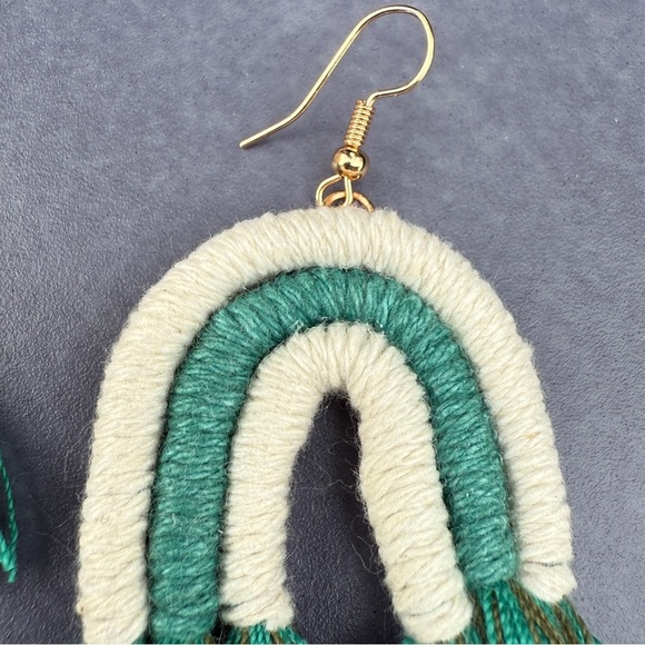 Macrame Woven Rainbow Tassel Earrings in Teal Green and White - Picture 9 of 10